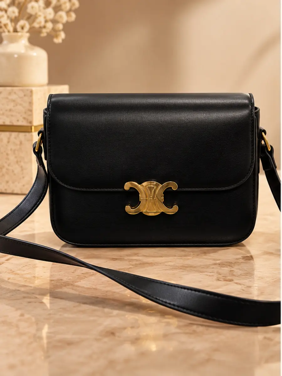 LOTE 001 - UMA BOLSA MARCA CELINA - MODELO CLASSIQUE TRIOMPHE - COURO DE BEZERRO BRILHANTE - 22 X 15,5 X 6CM