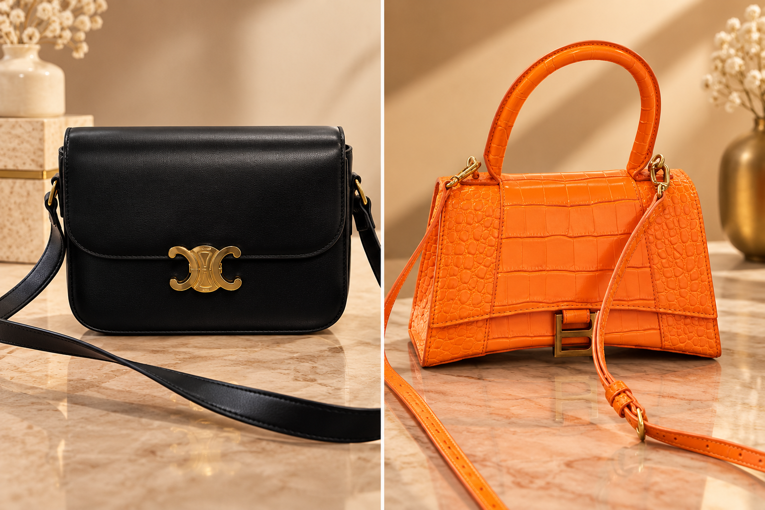 DUAS BOLSAS DE GRIFE - MARCAS CELINE E BALENCIAGA - COURO DE BEZERRO E COM EFEITO CROCODILO - BAGÉ/RS